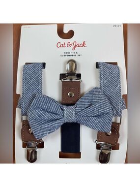 Cat & Jack Bow Tie And Suspenders Set Blue White Brown 2-5 T New